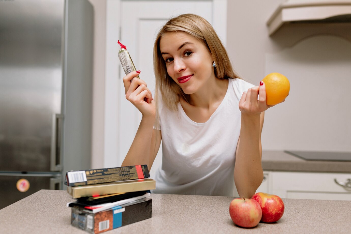 woman in a white shirt holds an orange in one hand and a snack in the other