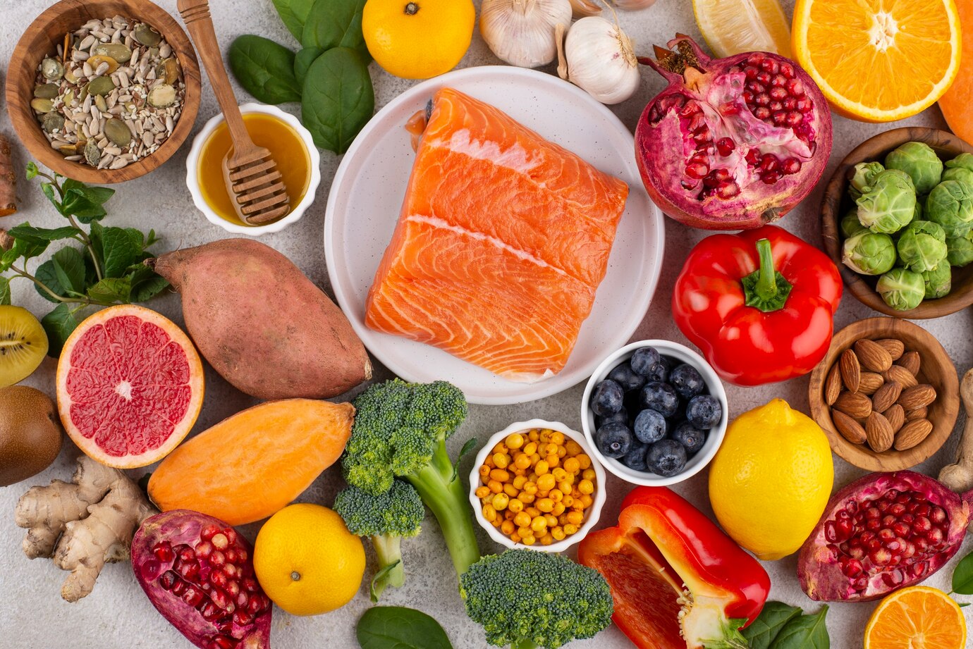 vibrant assortment of healthy foods including fresh fruits