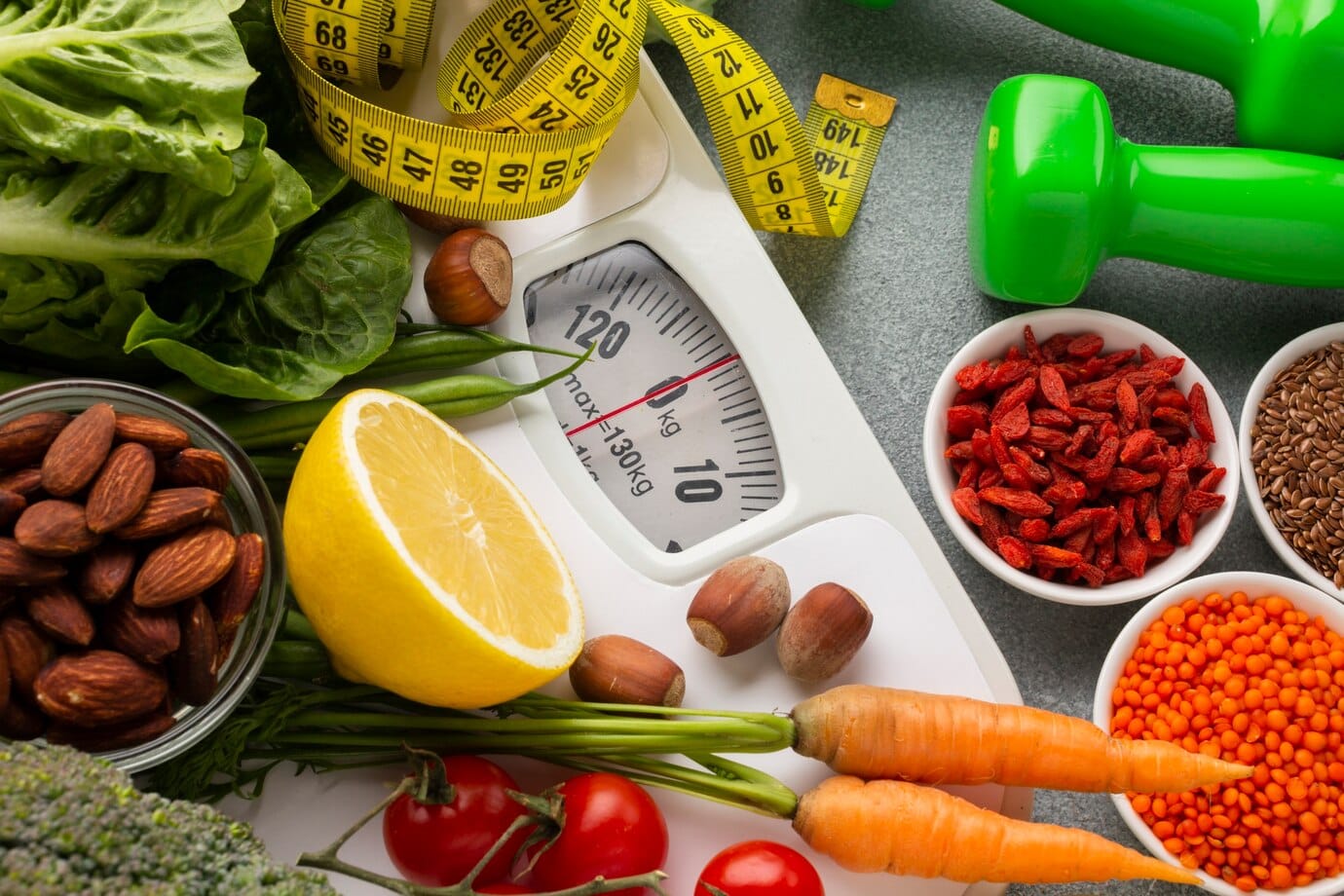 digital scale surrounded by fresh vegetables, fruits