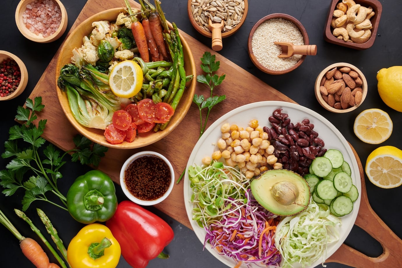 A variety of fresh vegetables, legumes, and nuts