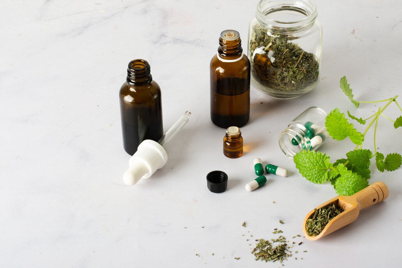 Assorted natural medicine and supplement setup