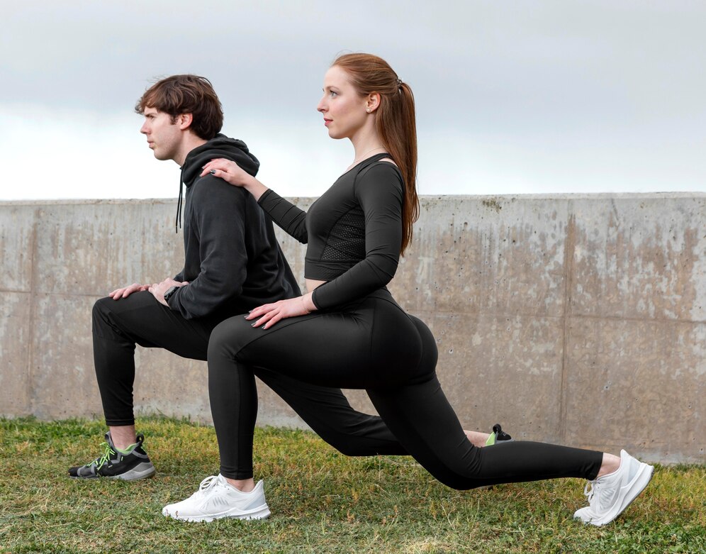 A man and a woman performing outdoor stretching exercises