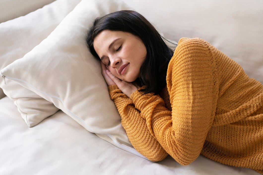 woman in a mustard yellow sweater peacefully sleeping 