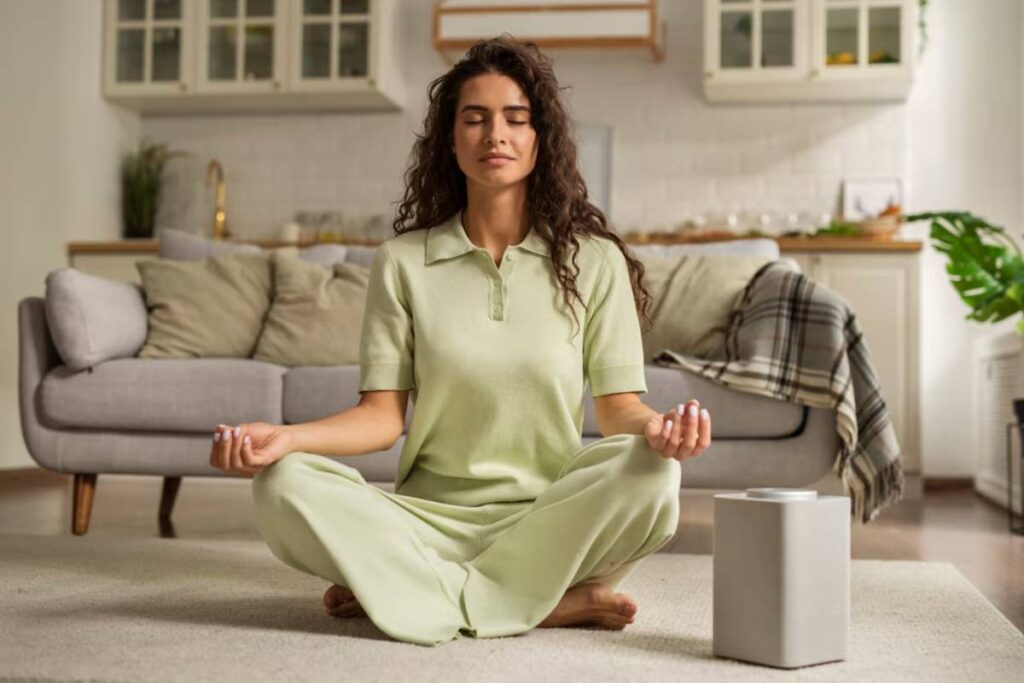 Young woman meditating in a serene living room, sitting cross-legged on a rug, eyes closed.