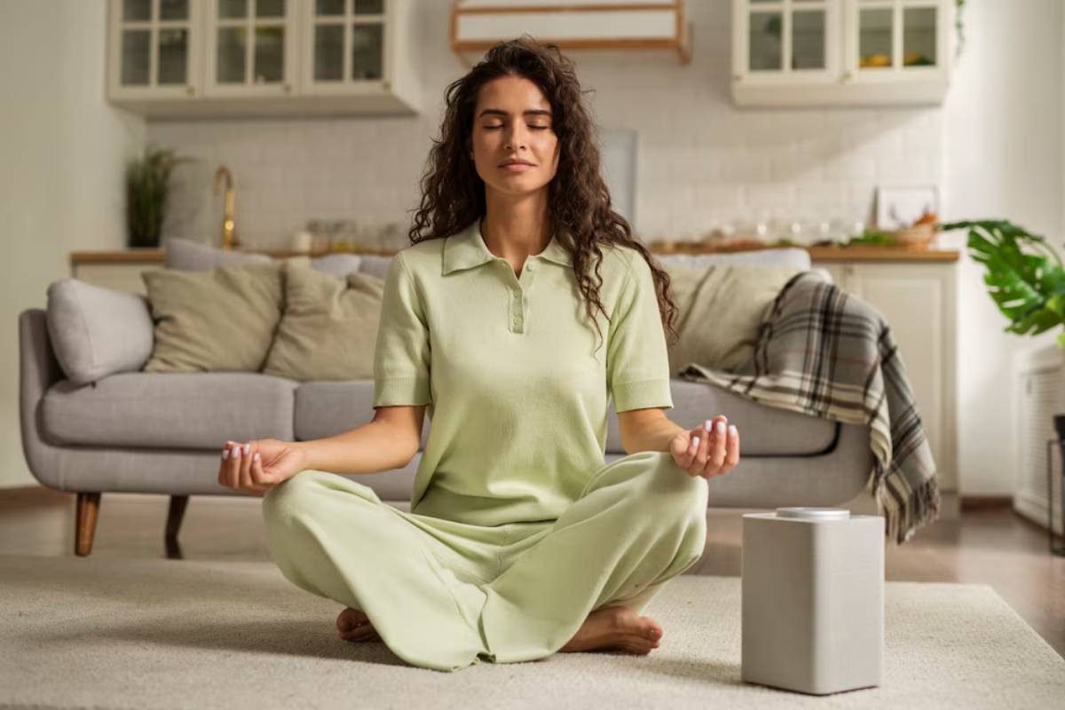 Young woman meditating in a serene living room, sitting cross-legged on a rug, eyes closed.
