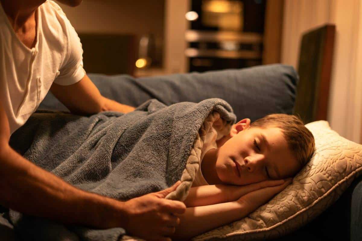 A young boy sleeping on a couch, covered with a blue blanket, as an adult gently holds him.